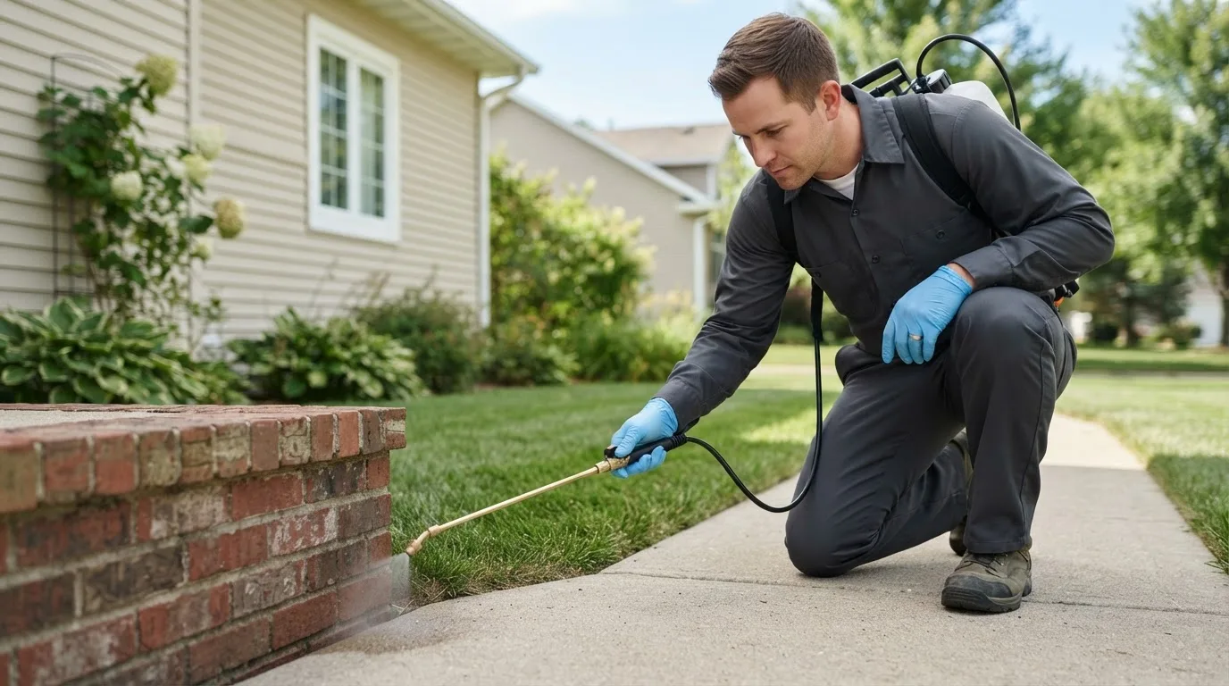 Pest control technician treating a home near Eveleth, MN