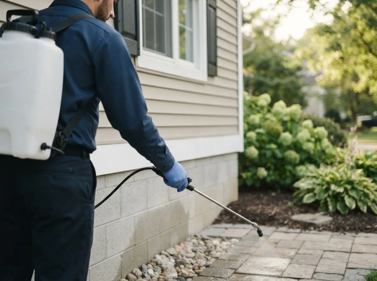 Pest control technician inspecting a home in Eveleth, MN